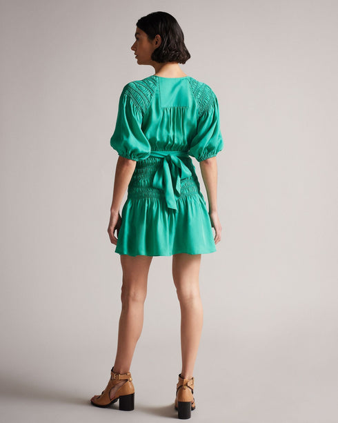 TALUNA-Dresses-It's All In The Details: Mini dress Shirred waist Short puff sleeves Wrap front 100% cupro- Ted Baker Romania